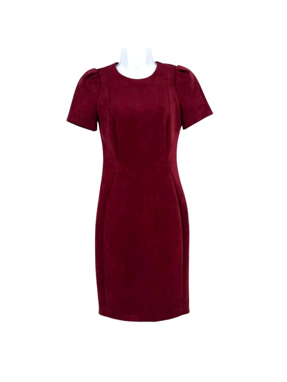Calvin Klein Burgundy Faux Suede Sheath Dress Short Sleeve Gold Back Zip Size 2